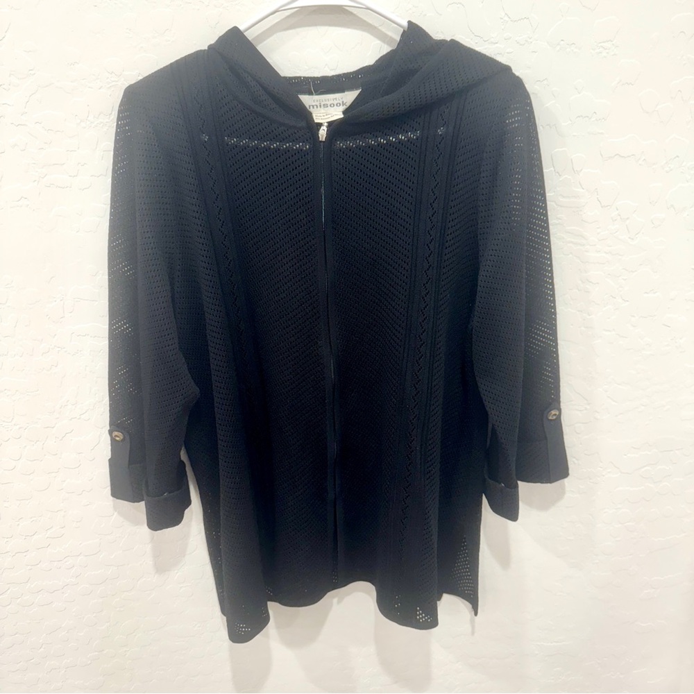 MISOOK Mesh Zip Up Hooded Top Womens Small Black Cropped Cover Up Zippered Beach